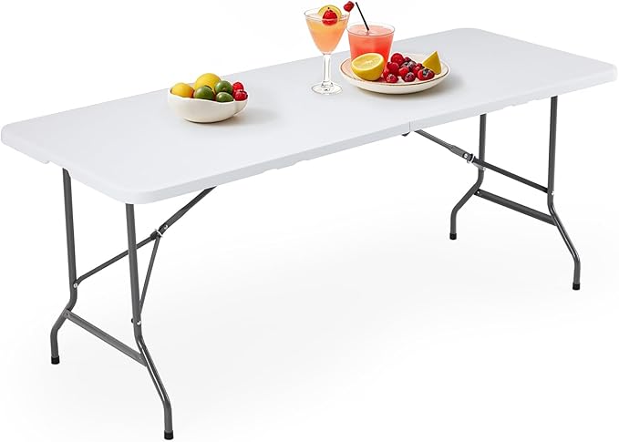 DUMOS 4 Ft Outdoor Folding Table, Plastic Heavy Duty Table with Carrying Handle, Lock for Camping Picnic Party Dining, White