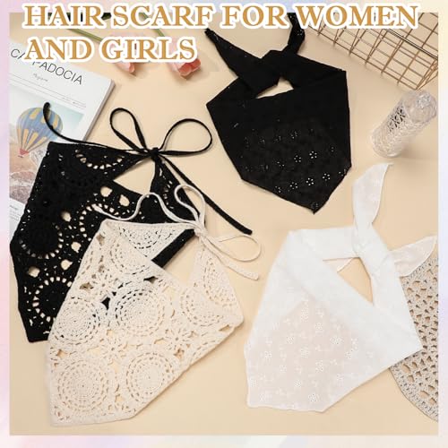 JATEBI 4PCS Women's Floral Lace Mesh Triangle Head Scarves Adjustable Boho Bandanas