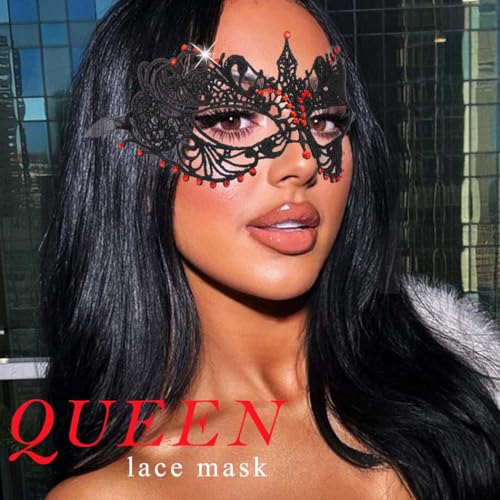 Flimire Masquerade Mask for Women Black Rhinestone Lace Mask Mardi Gras Costume Party Eye Mask