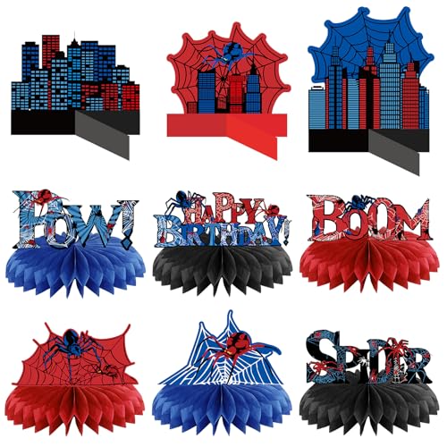 Outus 9 Pcs Spider Birthday Party Decorations Spider Honeycomb Centerpiece 3D Table Topper Standing Decorations Hero Web T...