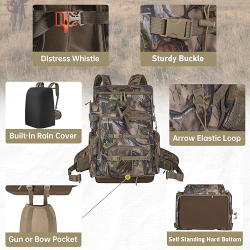 OUUTMEE Hunting Backpack with Waterproof Rain Cover, Self Standing Hard Bottom, 50L Camo Hunting Day Pack for Bow Rifle Gun