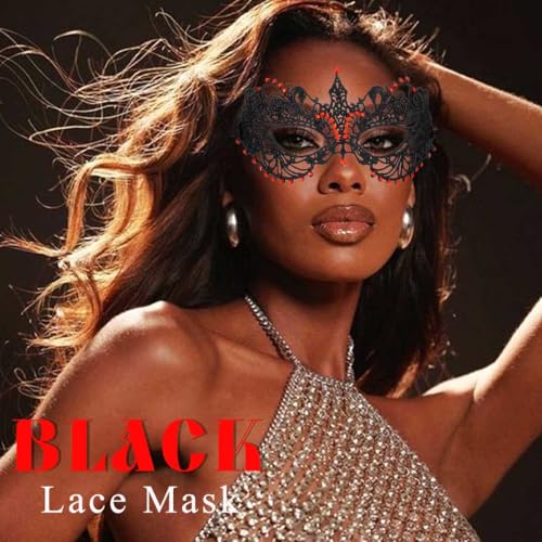 Flimire Masquerade Mask for Women Black Rhinestone Lace Mask Mardi Gras Costume Party Eye Mask