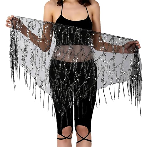 Women's Belly Dance Hip Scarf with Sequins, Triangle Shawl Tassels Belly Dancing Waist Scarf Belt for Performance, Costum...