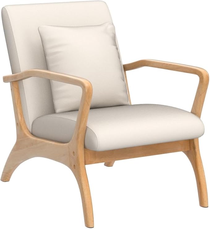 ELUCHANG Accent Chair with Lumbar Pillow,Mid-Century Modern Accent Chair Armchair, Linen Fabric Comfy Reading Chair Lounge Side Chair for Living Room Bedroom Apartment,Easy Assembly(Beige,2PCS)