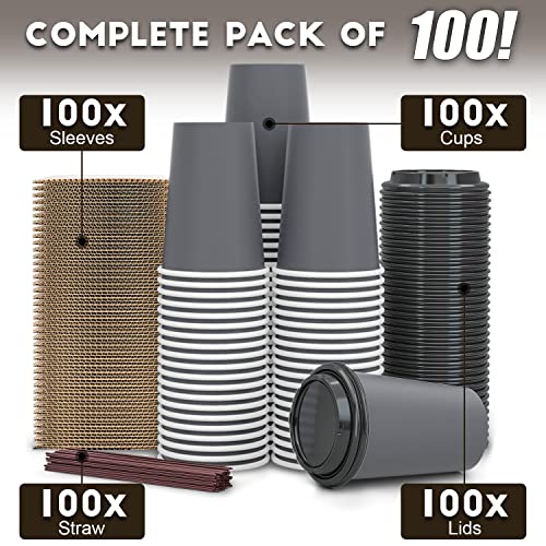 100 Pack - 12 oz Disposable Coffee Cups To Go with Lids Sleeves and Straws 100% Biodegradable & Compostable Pla Eco Friend...