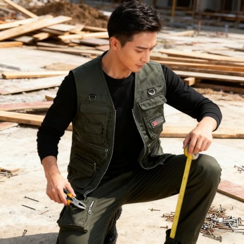 1PC Men's Heavy Duty Lined Vest with 10 Pockets, Warm Padded Sleeveless Jacket for Fishing, Hiking, Photography, Work Oliv...
