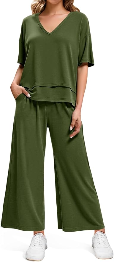 Tankaneo Womens 2 Piece Sets Casual Tracksuits Short Sleeve Tops Wide Leg Pants Outfits Lounge Sets