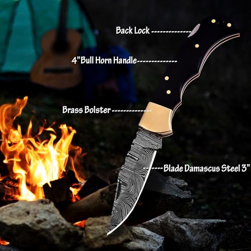 Damascus Steel Folding Knife - Premium Pocket Knife With Bone Handle Edc Small Youth Pocket KnifeTactical Serrated Camping...
