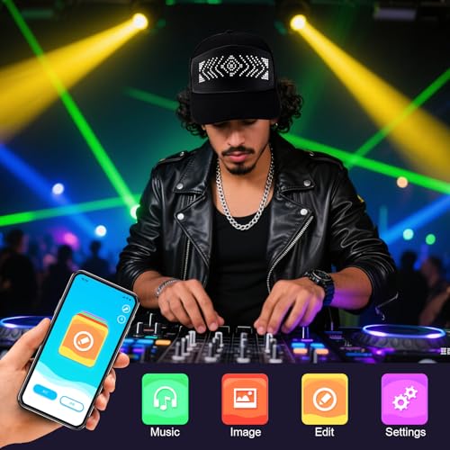 LIOVODE LED Hats,LED Caps Display Message Bluetooth Editable Cool Hat for Party Black