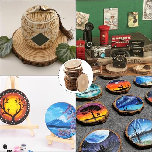 FSWCCK 17 PCS Unfinished Wood Slices for Centerpieces - 5.1-5.5 Inch,Round Natural Discs with Tree Bark, Wooden Cookies Ci...