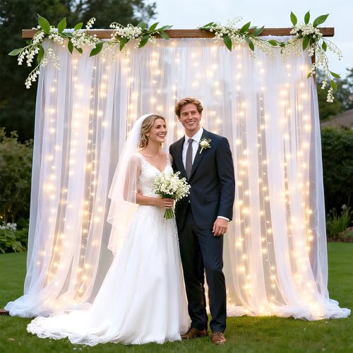 Ledido 2 Pack 10×10ft White Tulle Backdrop Curtains with Lights String - 600LED Fairy Lights Sheer Curtain Backdrop for We...