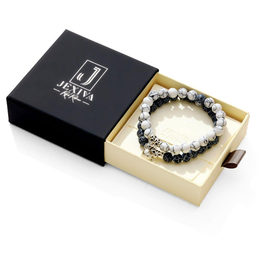 Set Of 2 Matching Couple Bracelets Magnetic Heart - Stone Beads, Stretch, Unisex Anniversary, Express Love, Valentine, Long Distance, Christmas Gift (Howlite+Blue Weathered, With Luxury Giftbox)