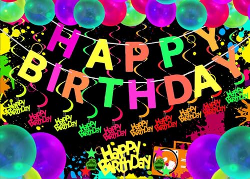 Glow Neon Party Photography Backdrops Let's Glow Splatter Photo Background 5x3ft Blacklight Colorful Laser Ray Disco Retro...