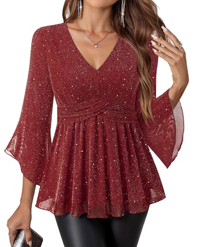 VALOLIA Womens Sparky Tops 3/4 Sleeve Glitter Sequin Shiny Dressy Blouses V Neck Party Evening Cocktail Shirts