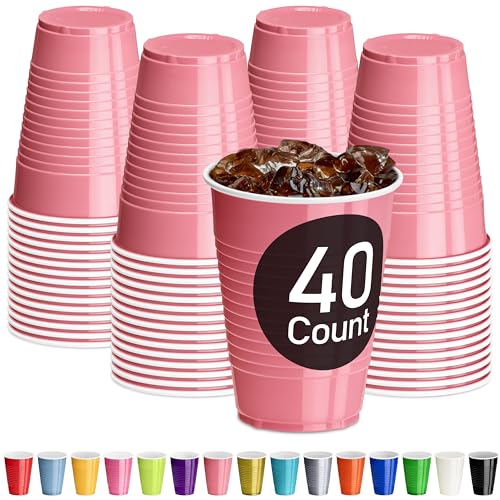 DecorRack Light Pink Plastic Cups, 12 oz Disposable Cups, Reusable Party Supplies (40 Count)