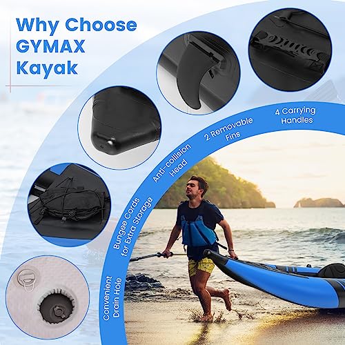GYMAX Inflatable Kayak, 12.5Ft 507lbs Tandem Kayak with 2 Aluminum Paddles, 2 Padded Seats, Footrests, 2 Fins, Hand Pump, ...