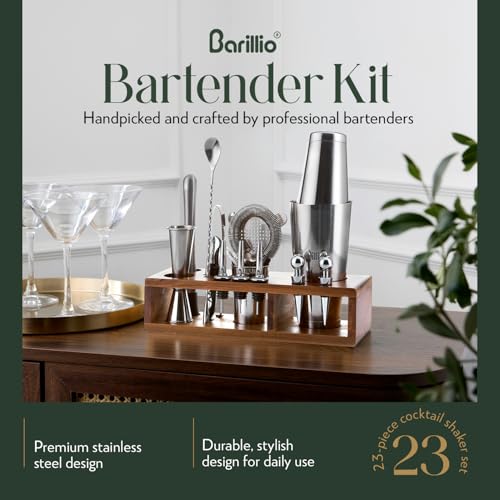 Barillio Bartender Kit – 23-Piece Stainless-Steel Cocktail Shaker Set with Premium Acacia Stand | Martini Barware Mixing T...