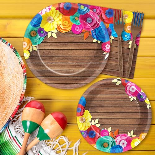 96Pcs Fiesta Party Plates and Napkins for Mexican Party Supplies Wooden Floral Themed Paper Dessert Plates Festival Tablew...