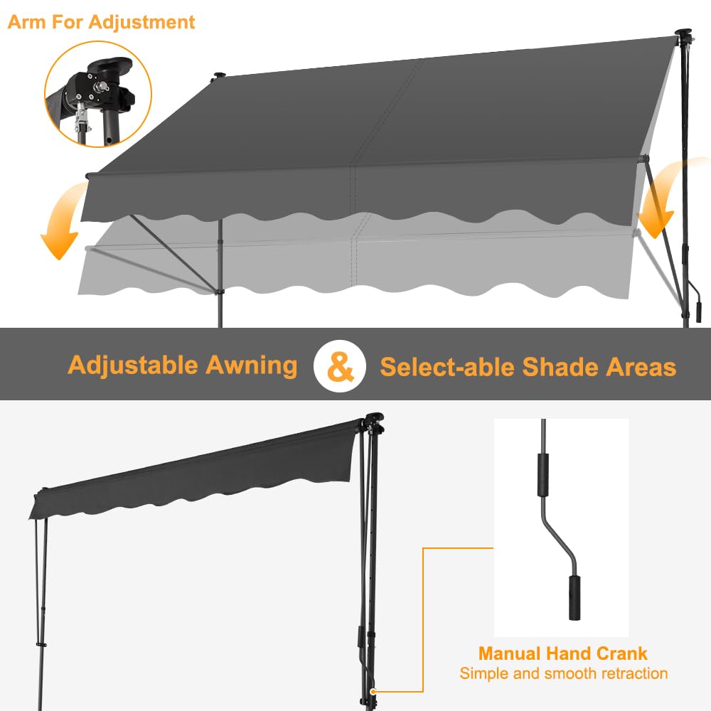 SMONTER Manual Retractable Awning, 118" Non-Screw Outdoor Patio Awning Sunshade Shelter, Height Adjustable Sunshade Patio Door Window Awning Canopy for Backyard, Garden, Balcony, Gray