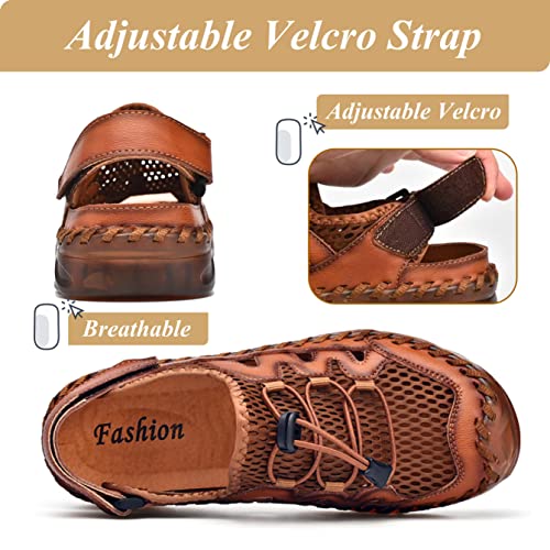 Qiucdzi Mens Closed Toe Sandals, Sport Sandals Casual Leather Handmade Sandals Adjustable Fisherman Beach Sandals For Outd...