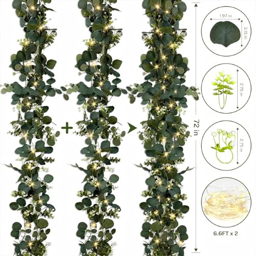 Eucalyptus Garland with Lights, 2 Packs 6FT Green Flower Garland Decor, Artificial Faux Eucalyptus Leaves Greenery Vines f...