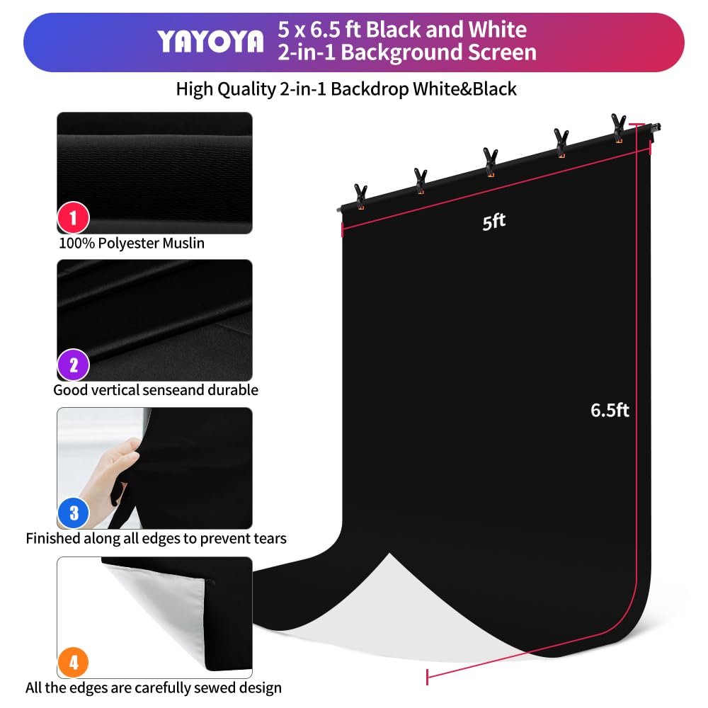 Black White Backdrop Screen with Stand Kit 5x6.5ft for Photo Video Studio, 2-in-1 Revisible Black Backdrop White Screen with T-Shaped Photography Background Support Stand and 5 Clamps