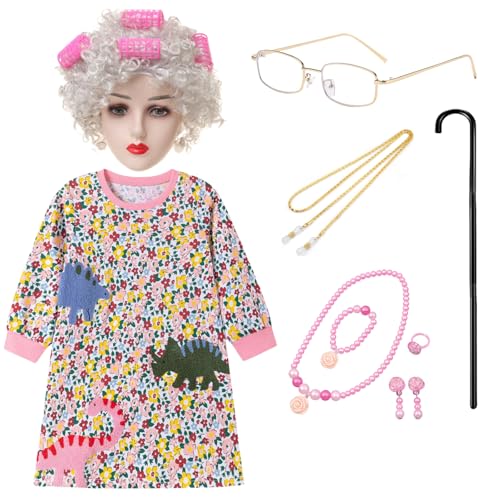 QAQ-COSPLAY 100 days of school costume - old lady costume for kids - School Grandma Costume for kids 5-8
