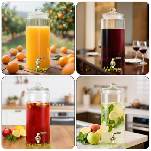 Glass Drink Dispensers For Parties, 1.5 Gallon Beverage Dispenser With Glass Airtight Lids, Gold Metal Stand And Stainless...
