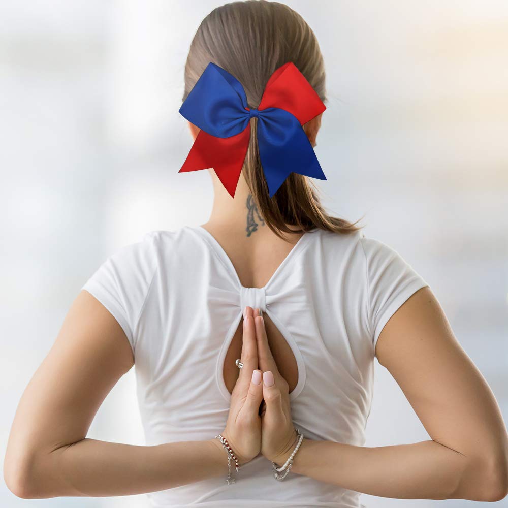 16PCS 8 Large Cheer Hair Bows Ponytail Holder Elastic Band Handmade for Cheerleading Teen Girls College Sports (Royal blue/Red,