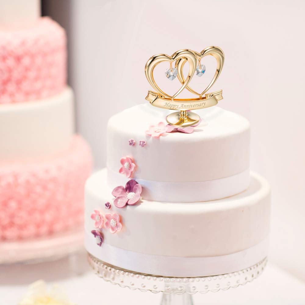 Matashi 24K Gold Plated Anniversary Heart Sculpture with Crystals – Double Heart Statue - Perfect Christmas and Holiday Gift and Premium Quality Cake Topper