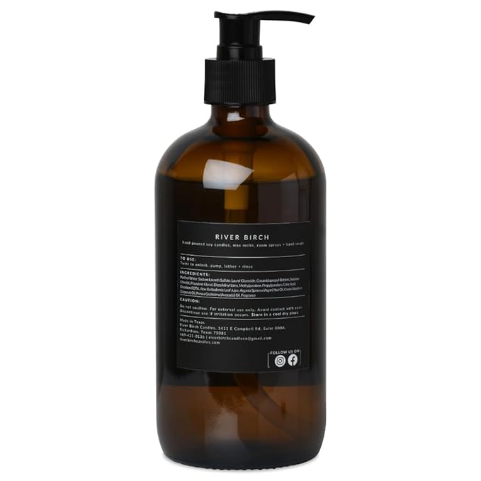 River Birch Sage + White Pine Scented Natural Hand Soap - Handmade Soap - Moisturizing Hand Wash with Amber Glass Dispenser - Luxury Scented and Hydrating - Vegan and Non-Toxic - 16 Fl Oz