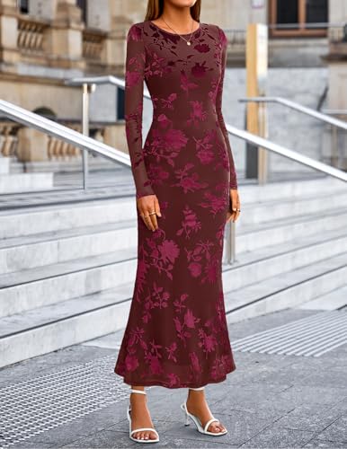 MEROKEETY Women's 2026 Spring Wedding Guest Maxi Dress Long Sleeve Bodycon Floral Mesh Fall Cocktail Formal Party Dresses