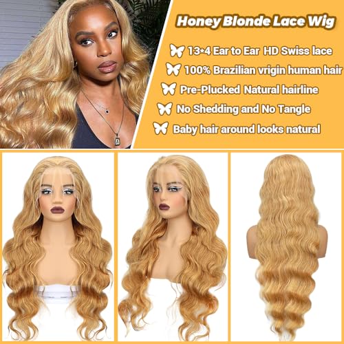 SOSATISFY Honey Blonde Lace Front Wig Human Hair 200% Density 13x4 Body Wave Wig Blonde Hd Lace Front Wig Human Hair Pre Plucked With Baby Hairline 27# Colored Wigs for Women 22 Inch