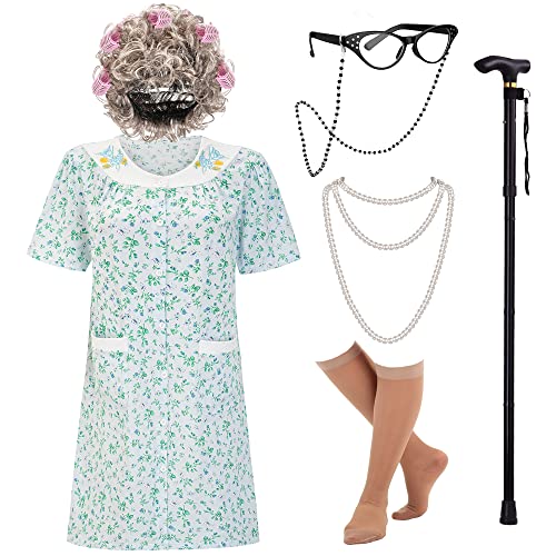 EBYTOP Women's Old Lady Costume Kit with Nightgown Wig Cane & Other Halloween Cosplay Accessories