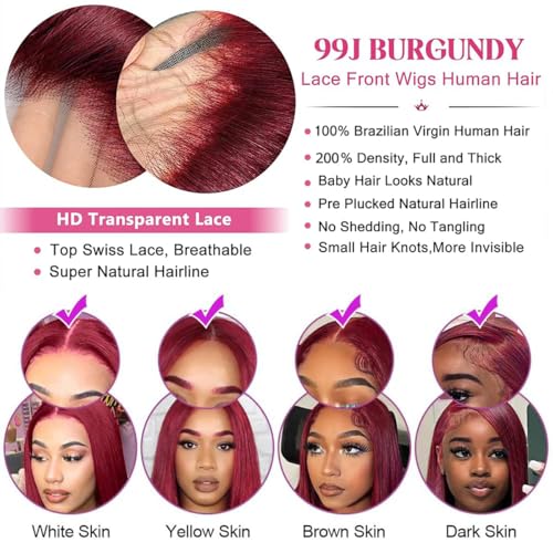 99j Burgundy Lace Front Wigs Human Hair 26 Inch 13x4 Straight HD Lace Front Wig Pre Plucked Wine Red Colored Glueless Lace Frontal Human Hair Wigs for Women