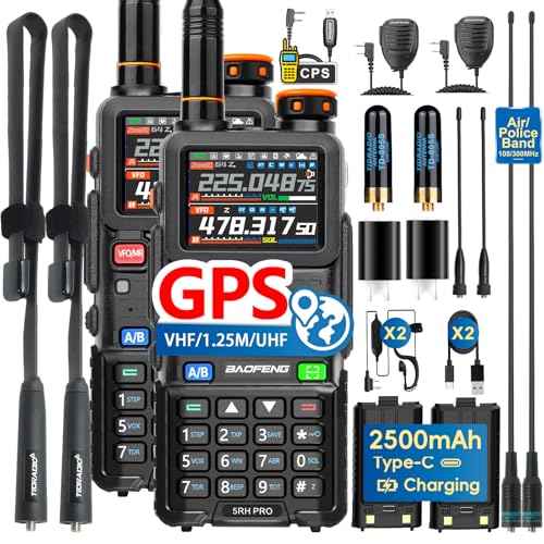 BAOFENG BF-5RH PRO GPS 10£× Ham Handheld Radio, Multi-Band Long Range Two-Way Radio with 18.89'' Tactical Antenna, Aviation/VHF/UHF/ 1.25m Scanner, NOAA APRS 5RM Walkie Talkies Type-C Charging,2 Pack