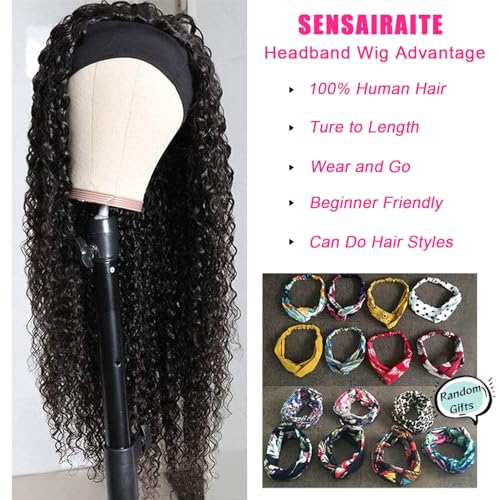 SENSAIRUITE Headband Wig Human Hair 24 Inch Deep Wave Headband Wigs for Black Women 180% Density Wear and Go Glueless Curly Wig Natural Color
