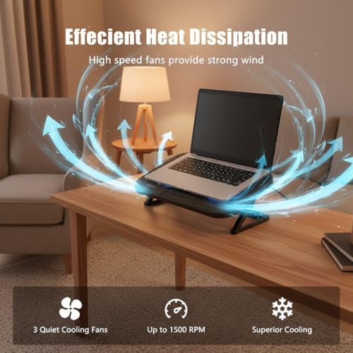 Laptop Cooling Pad with 3 Quiet Fans, 5-Level Height Adjustable Ergonomic Stand, 2 USB Ports & Phone Holder, Fits 12-17 In...