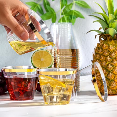 WELLIFE 120 PCS Gold Plastic Cups,9 oz Clear Plastic Cups,Disposable Wine Glasses for Party