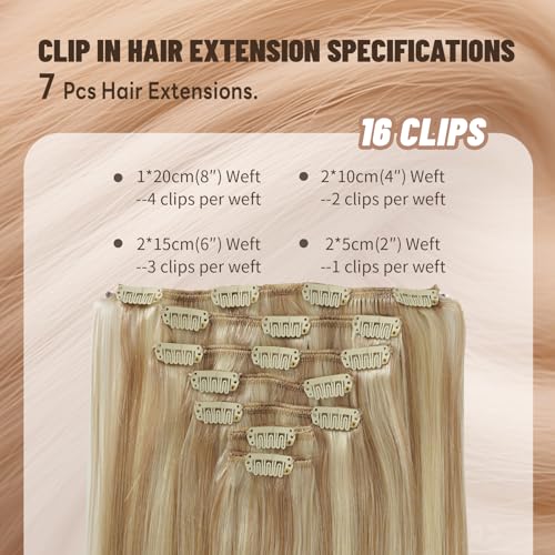 Clip in Hair Extensions Real Human Hair 14 Inch 80g 7Pcs Remy Extensions Double Weft Straight Hair Extensions for Add Volume (14in, 80g, #16/22)