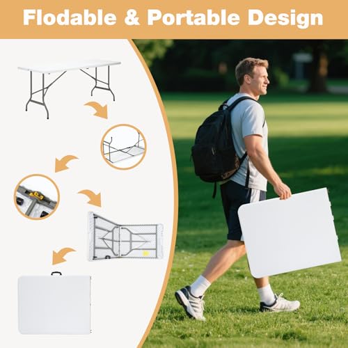 Folding Table 6ft, Heavy-Duty 500lbs Weight Capacity Foldable Table with HDPE Top & Steel Legs, Portable 6 Foot Picnic Tab...