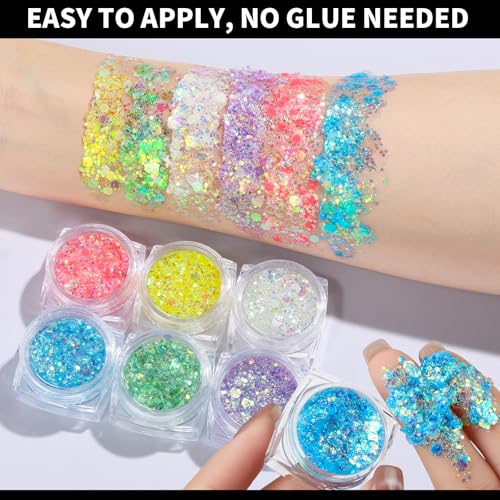 Teenitor 6 Colors Glow in The Dark Glitter Gel, Face Glitter Gel, Body Glitter Hair Glitter for Carnival Makeup UV Black L...