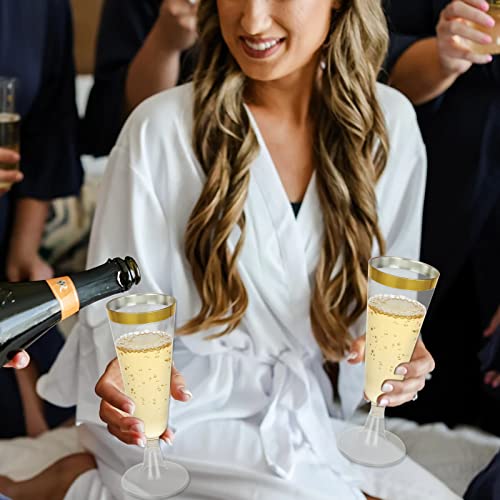 FVIEXE 100 Pack Plastic Champagne Flutes, 5 Oz Disposable Champagne Glasses Gold Rim Wine Flute Glasses, Clear Plastic Toa...