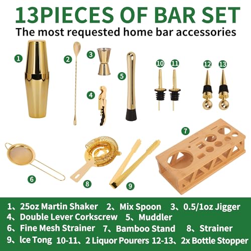 JWJIUEJIU Cocktail Shaker Set Bartender Kit with Bamboo Stand,13 Piece Bar Set Stainless Steel Bar Tools Set for Professio...