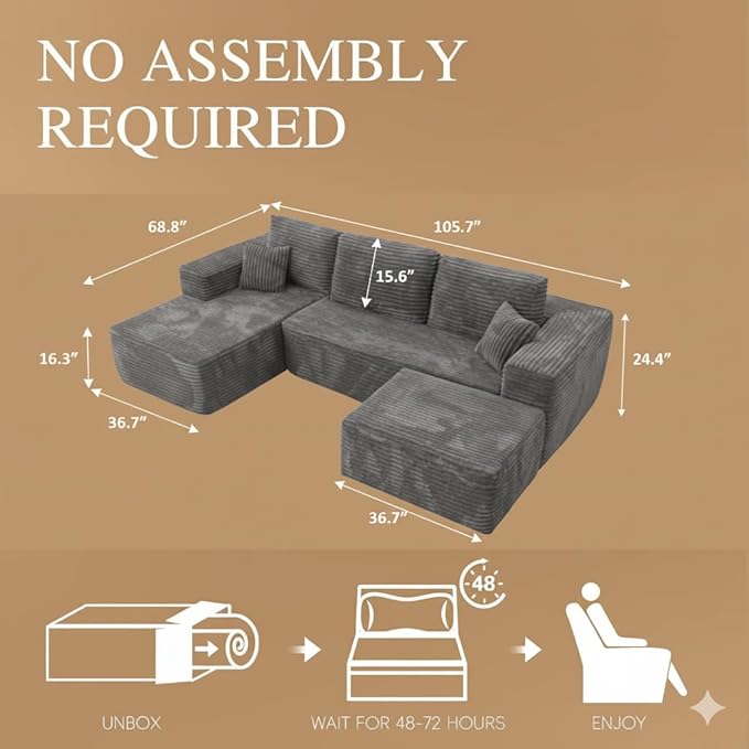 NAYA 106” Modular Sectional Sofa, Cloud Sectional Couch with Deep Seat, Modern Modular L-Shape Sofa Boneless Couch with Chaise for Living Room Bedroom (Grey, U-Shaped Minimalist Sofa)