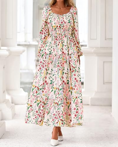 BTFBM Long Sleeve Dress for Women 2026 Spring Fall Boho Floral Square Neck Casual Flowy Long Wedding Guest Maxi Dresses