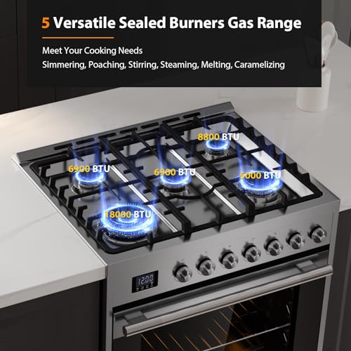 Empava Freestanding & Slide-In Gas Range, 5.0 Cu. Ft, Single Oven with 5 Sealed High-Low Burners & Touch Timer, Heavy Duty...