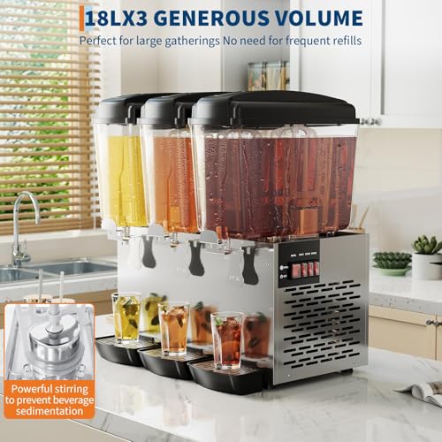 Commercial Beverage Dispenser, 3 Tanks 18L Each with Compressor Cooling (45-54°F), Large Capacity Cold Drink Dispenser, St...