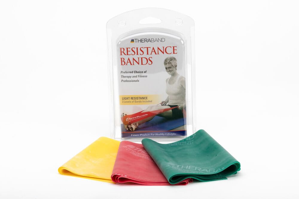 THERABAND Resistance Bands Set, Beginner Kit, Yellow, Red, Green, Latex Elastic Bands for Exercise & Physical Therapy, Strength Training Bands for Upper & Lower Body Fitness