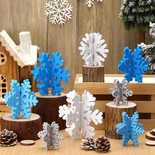 Wenqik 16 Pcs Winter Wooden Snowflake Decor Christmas Winter Snowflake Tabletop Decorations 3D Snow Table Signs Standing C...